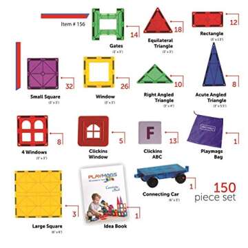 Playmags 150-Piece Magnetic Tiles Building Set – 3D Magnet Building Blocks, Creative Imagination, ...