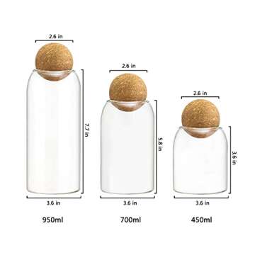 AEFPOYMXU 3 Pcs Glass Jars with Cork Ball Lid Set Kitchen Food Terrarium Airtight Clear Storage Cani...