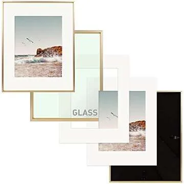 Frametory, 8x10 Metal Picture Frame with Mat for 5x7 Picture & Real Glass, Aluminum Photo Frame Collection (Gold, 1 Pack)
