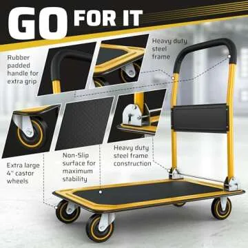 Upgraded Foldable Push Cart Dolly | 330 lbs. Capacity Moving Platform Hand Truck | Heavy Duty Space Saving Collapsible | Swivel Push Handle Flat Bed Wagon - Yellow