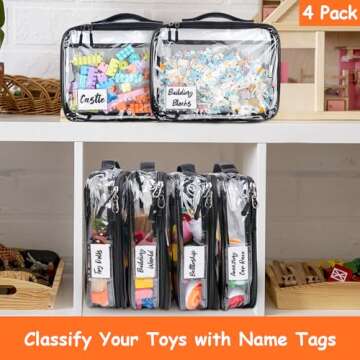 Tesuko 4 Pack Toy Storage Organizer Bag for Lego Bricks, Clear PVC Zippered Block Set with Manual Pocket& Name Tag, Waterproof Toy Carrying Case for Board Game, Building Blocks& Puzzles (Large, Black)