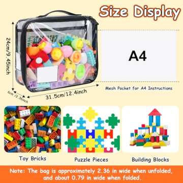 Tesuko 4 Pack Toy Storage Organizer Bag for Lego Bricks, Clear PVC Zippered Block Set with Manual Pocket& Name Tag, Waterproof Toy Carrying Case for Board Game, Building Blocks& Puzzles (Large, Black)