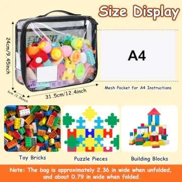 Tesuko 4 Pack Toy Storage Organizer Bag for Lego Bricks, Clear PVC Zippered Block Set with Manual Pocket& Name Tag, Waterproof Toy Carrying Case for Board Game, Building Blocks& Puzzles (Large, Black)