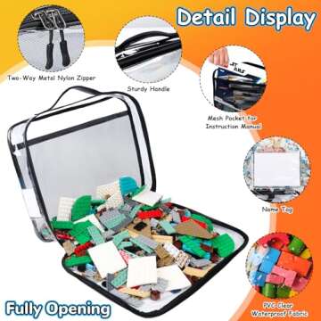 Tesuko 4 Pack Toy Storage Organizer Bag for Lego Bricks, Clear PVC Zippered Block Set with Manual Pocket& Name Tag, Waterproof Toy Carrying Case for Board Game, Building Blocks& Puzzles (Large, Black)