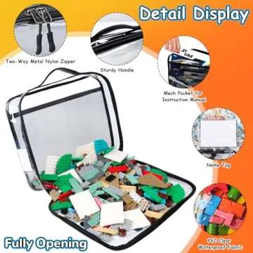 Tesuko 4 Pack Toy Storage Organizer Bag for Lego Bricks, Clear PVC Zippered Block Set with Manual Pocket& Name Tag, Waterproof Toy Carrying Case for Board Game, Building Blocks& Puzzles (Large, Black)