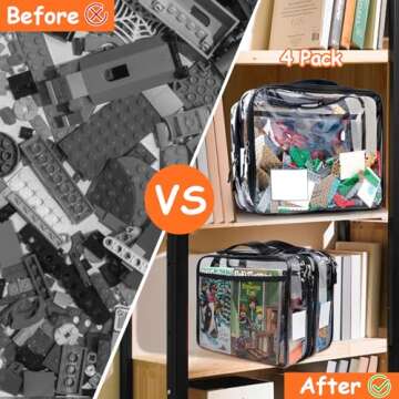 Tesuko 4 Pack Toy Storage Organizer Bag for Lego Bricks, Clear PVC Zippered Block Set with Manual Pocket& Name Tag, Waterproof Toy Carrying Case for Board Game, Building Blocks& Puzzles (Large, Black)