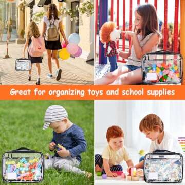 Tesuko 4 Pack Toy Storage Organizer Bag for Lego Bricks, Clear PVC Zippered Block Set with Manual Pocket& Name Tag, Waterproof Toy Carrying Case for Board Game, Building Blocks& Puzzles (Large, Black)