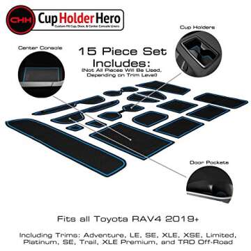 CupHolderHero fits Toyota RAV4 Accessories 2019-2024 Premium Custom Interior Non-Slip Anti Dust Cup Holder Inserts, Center Console Liner Mats, Door Pocket Liners 15pc Set (Blue Trim)
