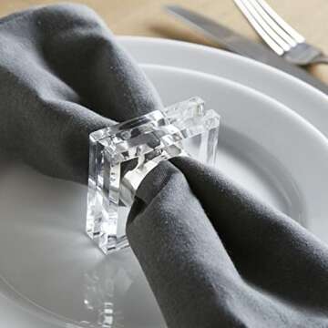 Huang Acrylic Set of 4 Square Beveled Napkin Rings (clear) for table settings, decor, entertainment, parties, and weddings