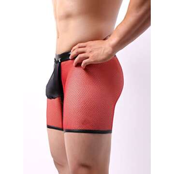 MIZOK Men's Mesh Yoga Capris See Through Fitness Hollow Workout Shorts Red L