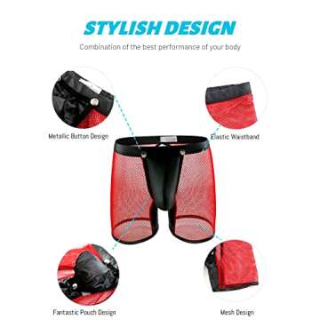 MIZOK Men's Mesh Yoga Capris See Through Fitness Hollow Workout Shorts Red L