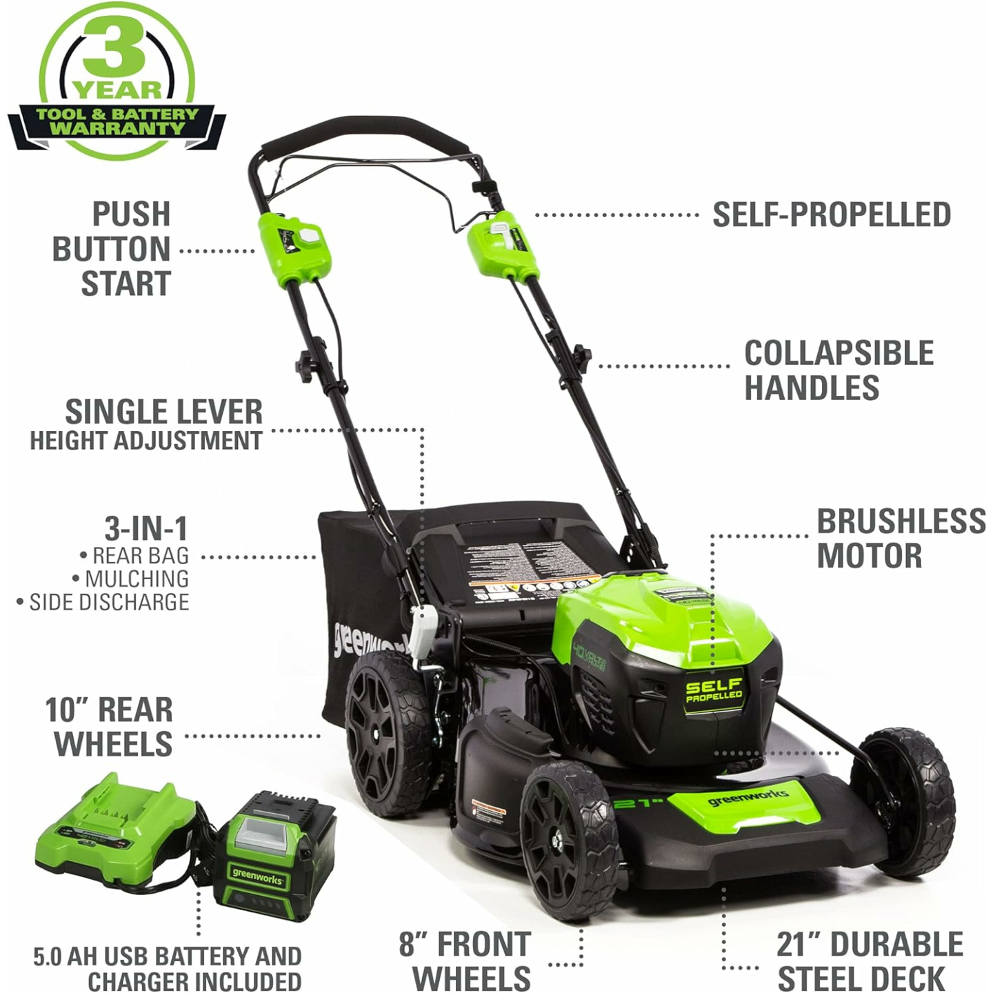 Greenworks 40V 21" Self-Propelled Battery Lawn Mower