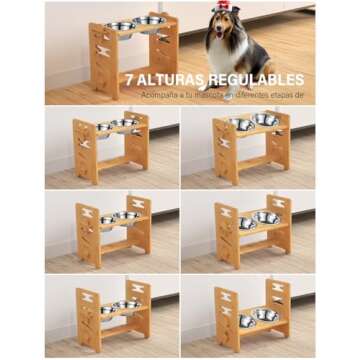 Vantic Elevated Dog Bowls, Adjustable Raised Dog Bowl Stand for Medium Sized Pet, Sturdy Bamboo Food Feeder with 2 Stainless Steel Dishes, Natural