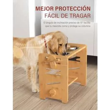 Vantic Elevated Dog Bowls, Adjustable Raised Dog Bowl Stand for Medium Sized Pet, Sturdy Bamboo Food Feeder with 2 Stainless Steel Dishes, Natural