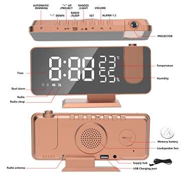 EVILTO Projection Alarm Clock for Bedroom Ceiling Digital Alarm Clock Radio with USB Charger Ports, 7.3" Large LED Screen Alarm Clock, 4 Dimmer, Dual Alarm Clock with 2 Sounds, Snooze, Rose Gold