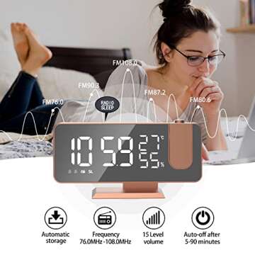 EVILTO Projection Alarm Clock for Bedroom Ceiling Digital Alarm Clock Radio with USB Charger Ports, 7.3" Large LED Screen Alarm Clock, 4 Dimmer, Dual Alarm Clock with 2 Sounds, Snooze, Rose Gold