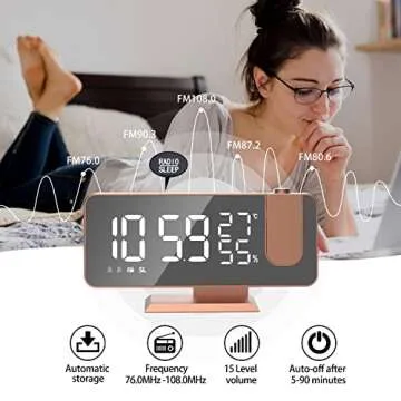 EVILTO Projection Alarm Clock for Bedroom Ceiling Digital Alarm Clock Radio with USB Charger Ports, 7.3" Large LED Screen Alarm Clock, 4 Dimmer, Dual Alarm Clock with 2 Sounds, Snooze, Rose Gold