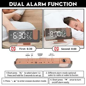 EVILTO Projection Alarm Clock for Bedroom Ceiling Digital Alarm Clock Radio with USB Charger Ports, 7.3" Large LED Screen Alarm Clock, 4 Dimmer, Dual Alarm Clock with 2 Sounds, Snooze, Rose Gold