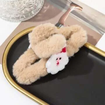 Christmas Plush Hair Claws Clip For Women Khaki Fluffy 4.4Inch Half Bun Hairpins Claw Clips Cute Santa Claus Large Hair Jaw Clamp Xmas Accessories Decor for Thick Women and Girls 1PCS