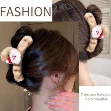 Christmas Plush Hair Claws Clip For Women Khaki Fluffy 4.4Inch Half Bun Hairpins Claw Clips Cute Santa Claus Large Hair Jaw Clamp Xmas Accessories Decor for Thick Women and Girls 1PCS