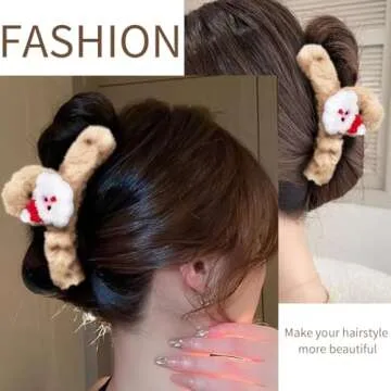 Christmas Plush Hair Claws Clip For Women Khaki Fluffy 4.4Inch Half Bun Hairpins Claw Clips Cute Santa Claus Large Hair Jaw Clamp Xmas Accessories Decor for Thick Women and Girls 1PCS