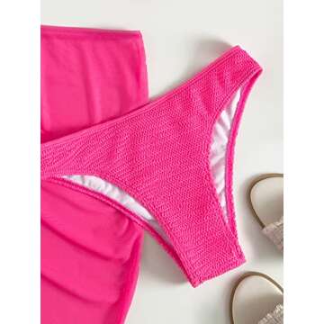 MakeMeChic Women's 3 Piece Bathing Suits Halter Ring Bikini Set with Cover Up Skirt Pink S