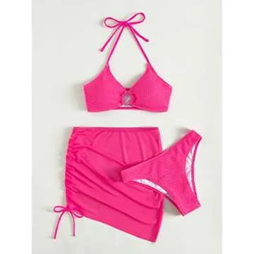 MakeMeChic Women's 3 Piece Bathing Suits Halter Ring Bikini Set with Cover Up Skirt Pink S