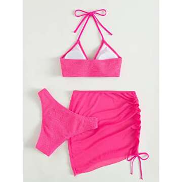 MakeMeChic Women's 3 Piece Bathing Suits Halter Ring Bikini Set with Cover Up Skirt Pink S