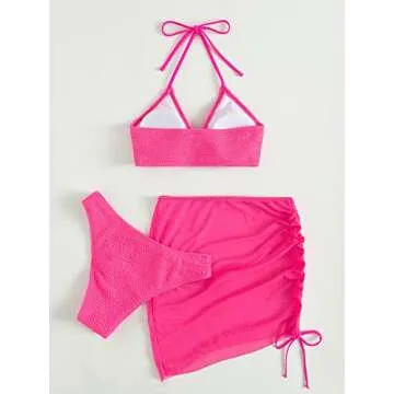 MakeMeChic Women's 3 Piece Bathing Suits Halter Ring Bikini Set with Cover Up Skirt Pink S