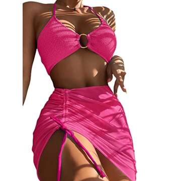 MakeMeChic Women's 3 Piece Bathing Suits Halter Ring Bikini Set with Cover Up Skirt Pink S