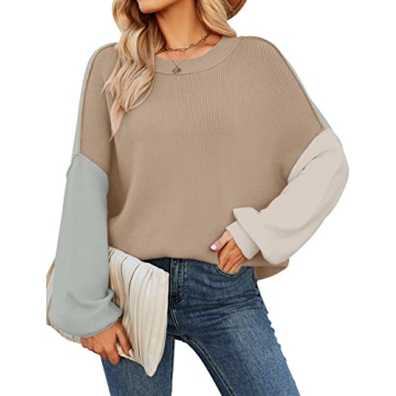 ZESICA Women's Fall Casual Long Sleeve Crew Neck Side Slit Oversized Ribbed Knit Pullover Sweater Tops,ConstrastKhaki,Large