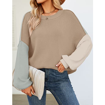 ZESICA Women's Fall Casual Long Sleeve Crew Neck Side Slit Oversized Ribbed Knit Pullover Sweater Tops,ConstrastKhaki,Large