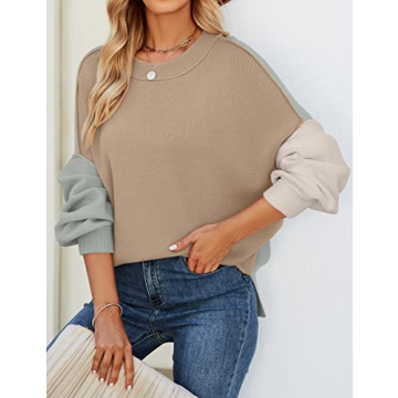ZESICA Women's Fall Casual Long Sleeve Crew Neck Side Slit Oversized Ribbed Knit Pullover Sweater Tops,ConstrastKhaki,Large