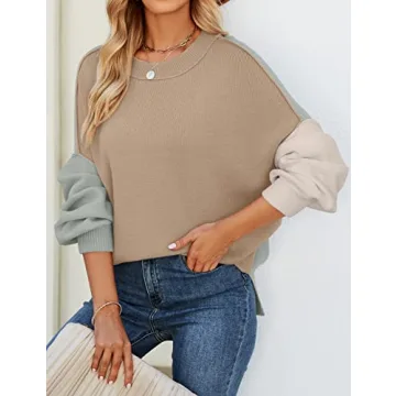 ZESICA Women's Fall Casual Long Sleeve Crew Neck Side Slit Oversized Ribbed Knit Pullover Sweater Tops,ConstrastKhaki,Large