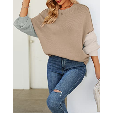 ZESICA Women's Fall Casual Long Sleeve Crew Neck Side Slit Oversized Ribbed Knit Pullover Sweater Tops,ConstrastKhaki,Large