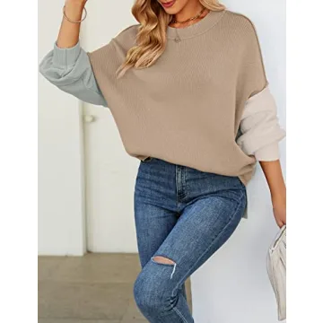 ZESICA Women's Fall Casual Long Sleeve Crew Neck Side Slit Oversized Ribbed Knit Pullover Sweater Tops,ConstrastKhaki,Large