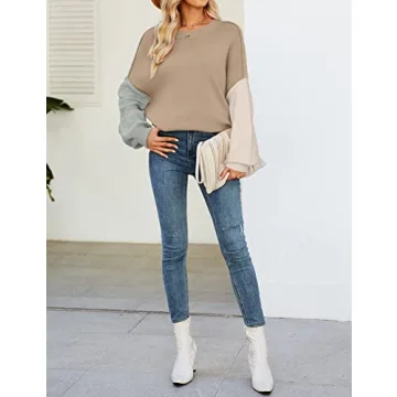 ZESICA Women's Fall Casual Long Sleeve Crew Neck Side Slit Oversized Ribbed Knit Pullover Sweater Tops,ConstrastKhaki,Large