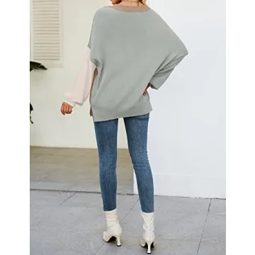 ZESICA Women's Fall Casual Long Sleeve Crew Neck Side Slit Oversized Ribbed Knit Pullover Sweater Tops,ConstrastKhaki,Large