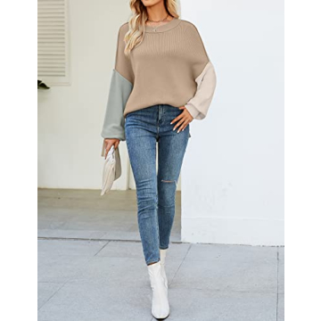 ZESICA Women's Fall Casual Long Sleeve Crew Neck Side Slit Oversized Ribbed Knit Pullover Sweater Tops,ConstrastKhaki,Large