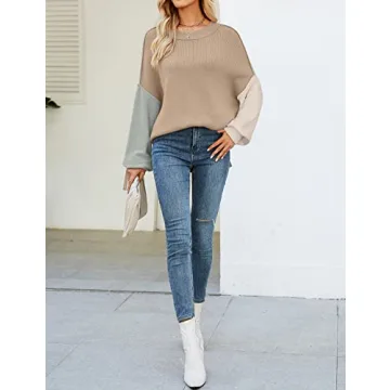 ZESICA Women's Fall Casual Long Sleeve Crew Neck Side Slit Oversized Ribbed Knit Pullover Sweater Tops,ConstrastKhaki,Large