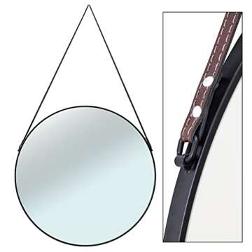 Circular Mirror Black 24 Inch - Round Mirror for Wall Decor with Decorative Hanging Leather Strap - Large Circle Mirror for Entryway, Bathroom, and Bedroom.