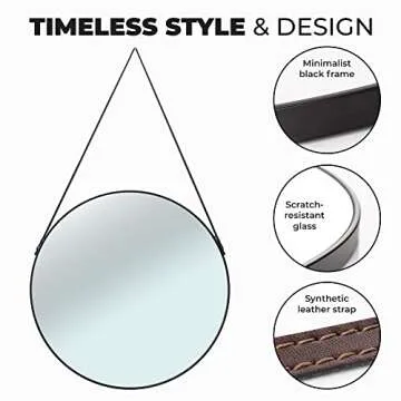 Circular Mirror Black 24 Inch - Round Mirror for Wall Decor with Decorative Hanging Leather Strap - Large Circle Mirror for Entryway, Bathroom, and Bedroom.