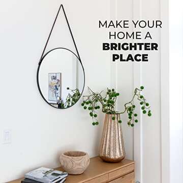 Circular Mirror Black 24 Inch - Round Mirror for Wall Decor with Decorative Hanging Leather Strap - Large Circle Mirror for Entryway, Bathroom, and Bedroom.