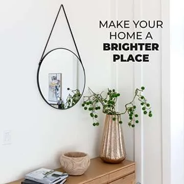 Circular Mirror Black 24 Inch - Round Mirror for Wall Decor with Decorative Hanging Leather Strap - Large Circle Mirror for Entryway, Bathroom, and Bedroom.