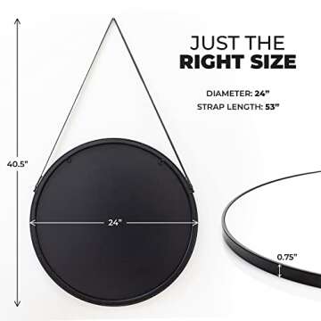 Circular Mirror Black 24 Inch - Round Mirror for Wall Decor with Decorative Hanging Leather Strap - Large Circle Mirror for Entryway, Bathroom, and Bedroom.