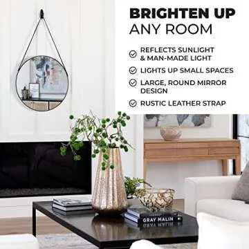 Circular Mirror Black 24 Inch - Round Mirror for Wall Decor with Decorative Hanging Leather Strap - Large Circle Mirror for Entryway, Bathroom, and Bedroom.
