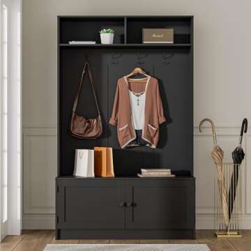MHOM Black Hall Tree with Storage, 65" Tall Entryway Bench with Shoe Storage, Coat Rack and Top Shel...