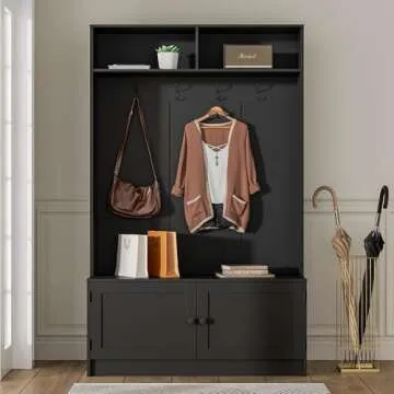 MHOM Black Hall Tree with Storage, 65" Tall Entryway Bench with Shoe Storage, Coat Rack and Top Shel...