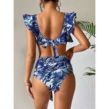 SPORLIKE Women High Waisted Swimsuit V Neck Ruffle Bikini Set Padded Bathing Suit(Blue Print,Medium)