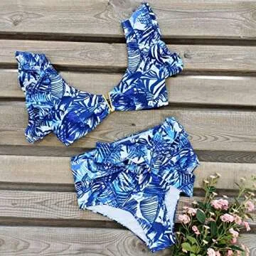 SPORLIKE Women High Waisted Swimsuit V Neck Ruffle Bikini Set Padded Bathing Suit(Blue Print,Medium)